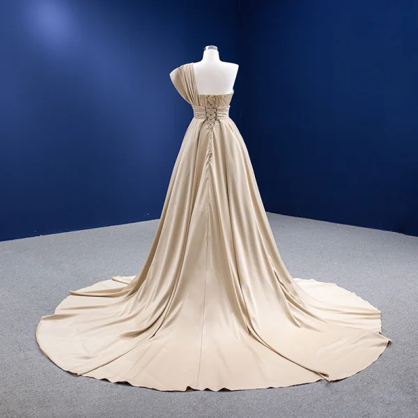 Haut de Gamme Kaki Perlage Paillettes Satin Robe De Soirée 2022 Trompette / Sirène Une épaule Sans Manches Dos Nu Chapel Train Soirée Robe De Ceremonie
