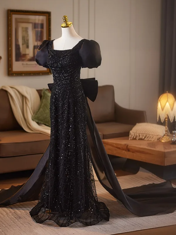 Scintillantes Noire Perlage Paillettes Robe De Soirée 2025 Trompette / Sirène Encolure Carrée Gonflée Manches Courtes Dos Nu Noeud Longue Robe De Ceremonie