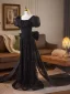 Scintillantes Noire Perlage Paillettes Robe De Soirée 2025 Trompette / Sirène Encolure Carrée Gonflée Manches Courtes Dos Nu Noeud Longue Robe De Ceremonie