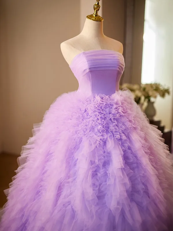 Chic / Beautiful Lavender Cascading Ruffles Prom Dresses 2024 Ball Gown Strapless Sleeveless Backless Floor-Length / Long Prom Formal Dresses