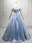 Modest / Simple Sky Blue Prom Dresses 2025 Ball Gown Off-The-Shoulder Short Sleeve Backless Floor-Length / Long Prom Formal Dresses