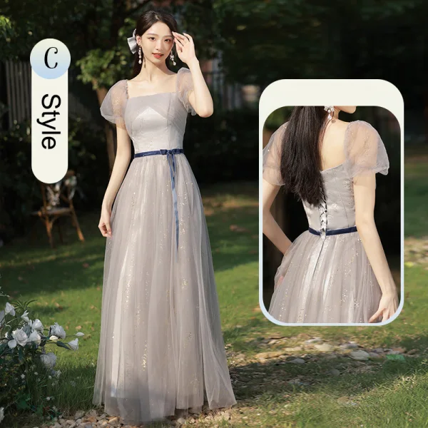 Modest / Simple Grey Bow Sash Bridesmaid Dresses 2023 A-Line / Princess Square Neckline Short Sleeve Floor-Length / Long Bridesmaid Dresses