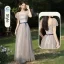 Modest / Simple Grey Bow Sash Bridesmaid Dresses 2023 A-Line / Princess Square Neckline Short Sleeve Floor-Length / Long Bridesmaid Dresses