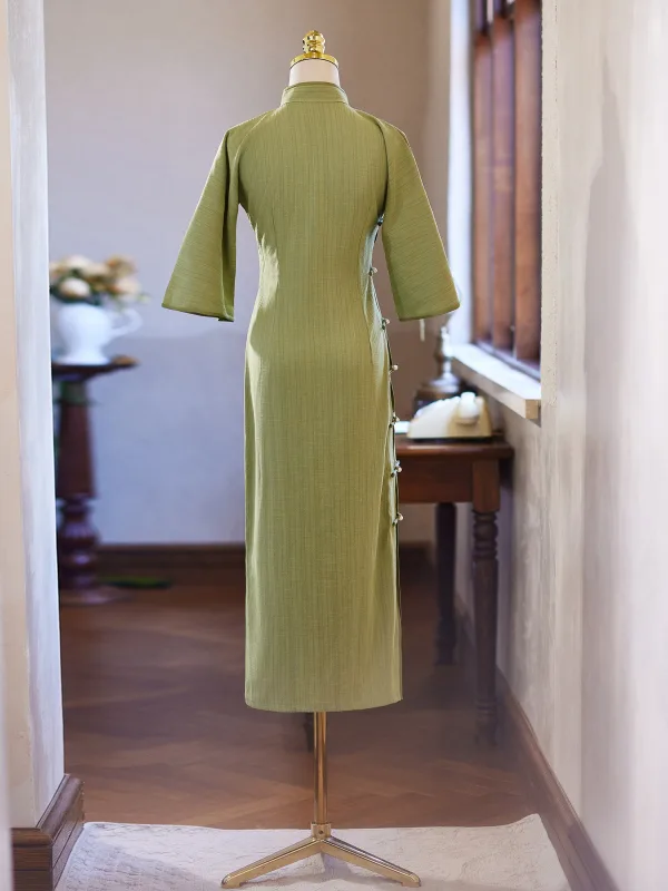 Chinese style Sage Green Tea-length Cheongsam / Qipao 2024 Trumpet / Mermaid High Neck 1/2 Sleeves Prom