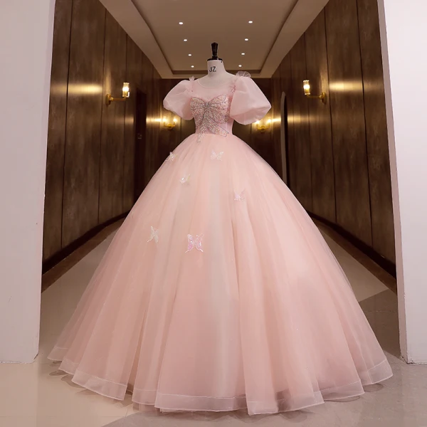 Chic / Belle Rougissant Rose Robe De Bal 2022 Robe Boule Encolure Dégagée Gonflée Manches Courtes Perlage Perle Faux Diamant Dos Nu Longue Robe De Ceremonie