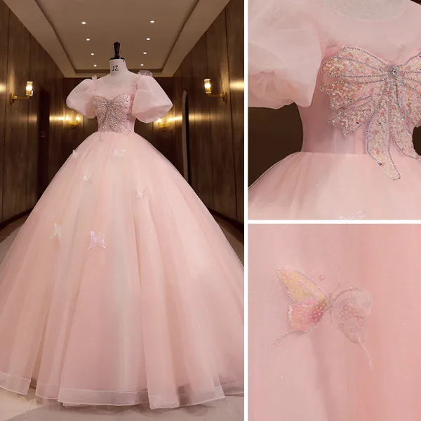 Chic / Belle Rougissant Rose Robe De Bal 2022 Robe Boule Encolure Dégagée Gonflée Manches Courtes Perlage Perle Faux Diamant Dos Nu Longue Robe De Ceremonie