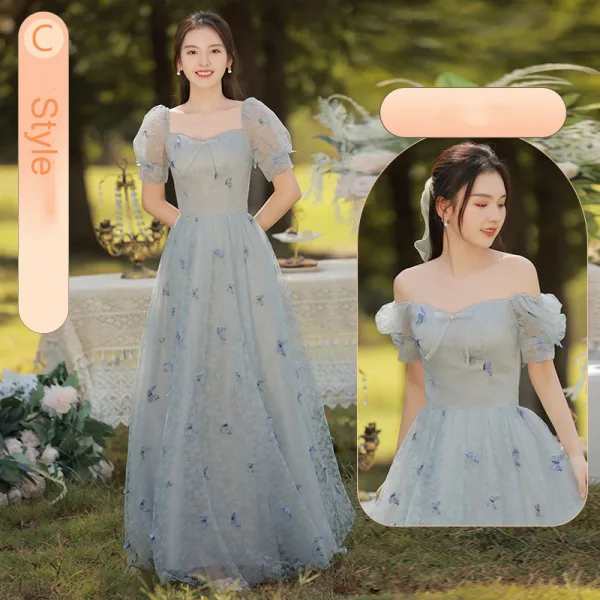 Chic / Belle Bleu Ciel Papillon Appliques Robe Demoiselle D'honneur 2022 Princesse Encolure Carrée Manches Courtes Dos Nu Longue