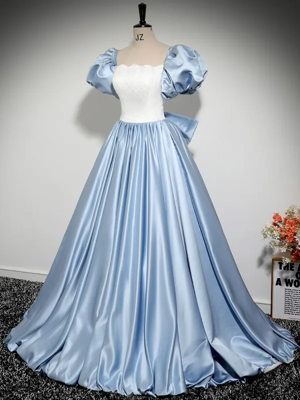 Elegant Sky Blue Satin Prom Dresses 2024 Ball Gown Square Neckline Puffy Short Sleeve Backless Bow Floor-Length / Long Prom Formal Dresses