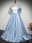 Elegant Sky Blue Satin Prom Dresses 2024 Ball Gown Square Neckline Puffy Short Sleeve Backless Bow Floor-Length / Long Prom Formal Dresses