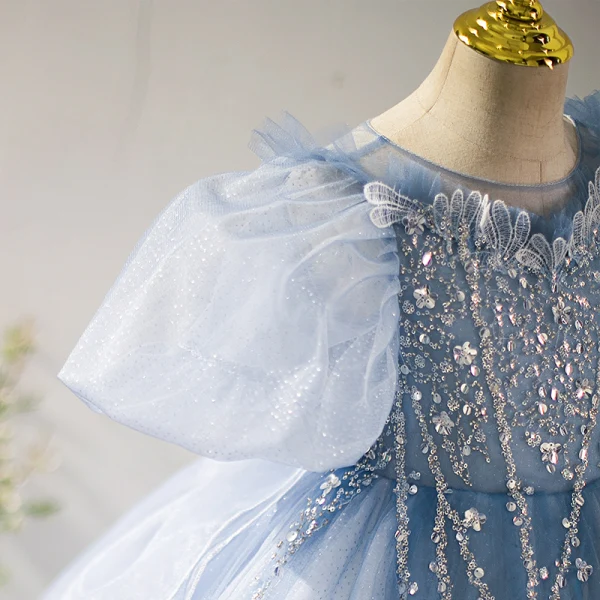 Chic / Beautiful Sky Blue Beading Sequins Lace Flower Birthday Flower Girl Dresses 2022 Ball Gown Scoop Neck Puffy Short Sleeve Backless Floor-Length / Long Bow Flower Girl Dresses