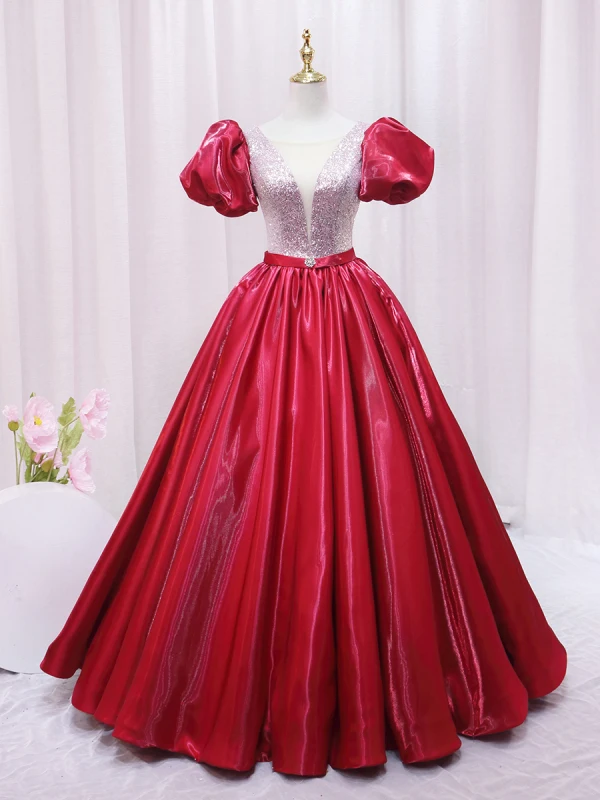 Elegant Burgundy Rhinestone Sequins Prom Dresses 2024 Ball Gown Scoop Neck Puffy Short Sleeve Backless Floor-Length / Long Prom Formal Dresses