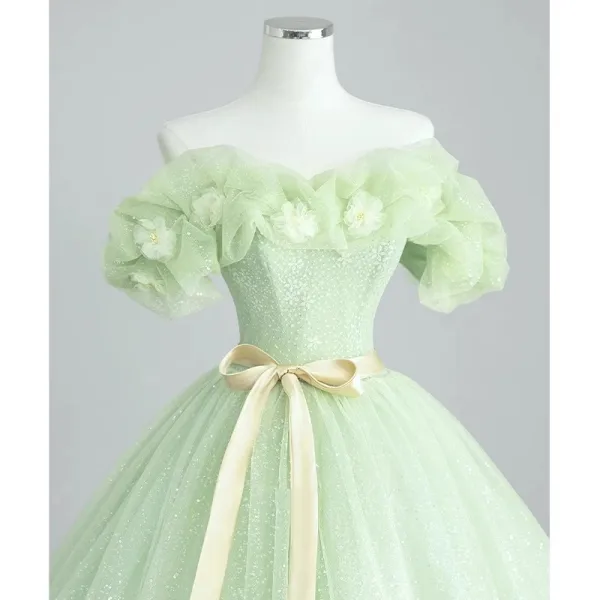 Elegant Sage Green Sequins Appliques Prom Dresses 2023 Ball Gown Off-The-Shoulder Sleeveless Backless Bow Sash Floor-Length / Long Formal Dresses