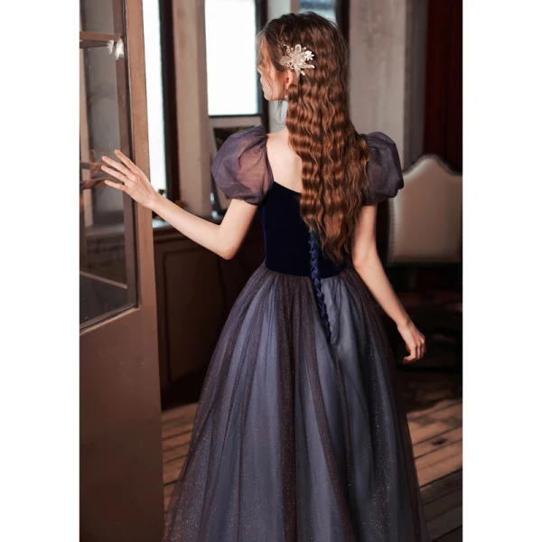 Elegant Purple Suede Sequins Prom Dresses 2022 A-Line / Princess Square Neckline Puffy Short Sleeve Backless Floor-Length / Long Prom Formal Dresses