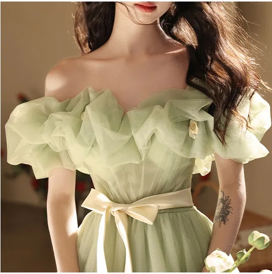 Chic / Beautiful Sage Green Bow Sash Prom Dresses 2024 A-Line / Princess Ruffle Off-The-Shoulder Short Sleeve Backless Floor-Length / Long Prom Formal Dresses