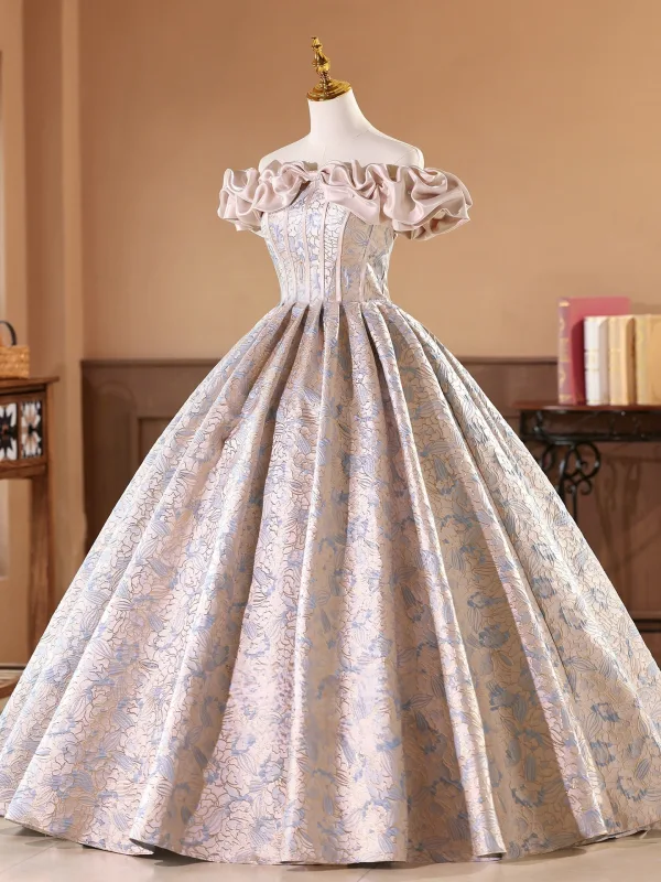 Elegant Nude Printing Prom Dresses 2026 Ball Gown Off-The-Shoulder Short Sleeve Backless Floor-Length / Long Formal Dresses