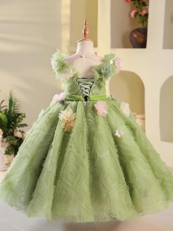 Fée Des Fleurs Vert Cendré Perle Appliques Anniversaire Robe Ceremonie Fille 2023 Robe Boule Encolure Dégagée Sans Manches Dos Nu Noeud Ceinture Longue