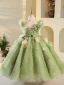 Fée Des Fleurs Vert Cendré Perle Appliques Anniversaire Robe Ceremonie Fille 2023 Robe Boule Encolure Dégagée Sans Manches Dos Nu Noeud Ceinture Longue