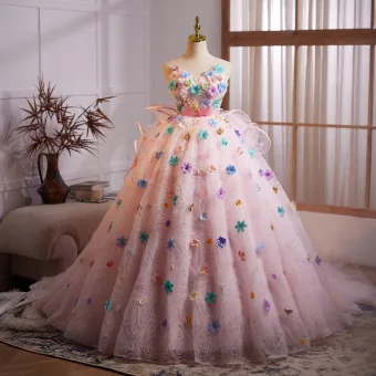 Fée Des Fleurs Rougissant Rose Multi Couleurs Appliques Anniversaire Robe De Bal 2025 Robe Boule Bustier Sans Manches Dos Nu Train De Balayage Robe De Ceremonie