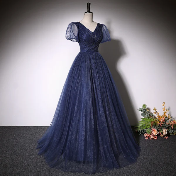 Élégant Noire Perlage Robe De Bal 2022 Princesse V-Cou Manches Courtes Dos Nu Longue Robe De Ceremonie