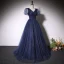 Vintage / Retro Navy Blue Beading Sequins Evening Dresses 2023 A-Line / Princess V-Neck Short Sleeve Backless Floor-Length / Long Evening Party Formal Dresses