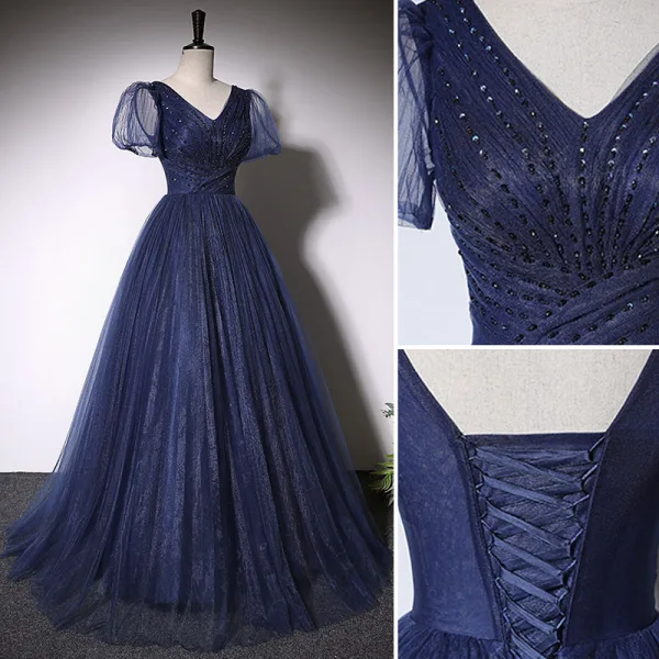 Élégant Noire Perlage Robe De Bal 2022 Princesse V-Cou Manches Courtes Dos Nu Longue Robe De Ceremonie