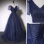Vintage / Retro Navy Blue Beading Sequins Evening Dresses 2023 A-Line / Princess V-Neck Short Sleeve Backless Floor-Length / Long Evening Party Formal Dresses