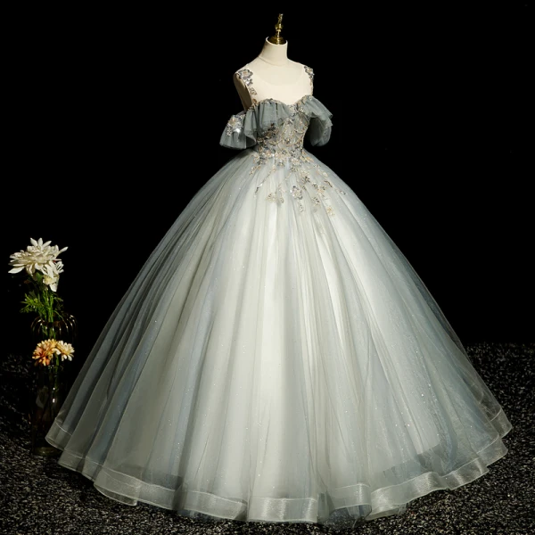 Elegant Grey Beading Sequins Prom Dresses 2022 Ball Gown Scoop Neck Short Sleeve Backless Floor-Length / Long Prom Formal Dresses