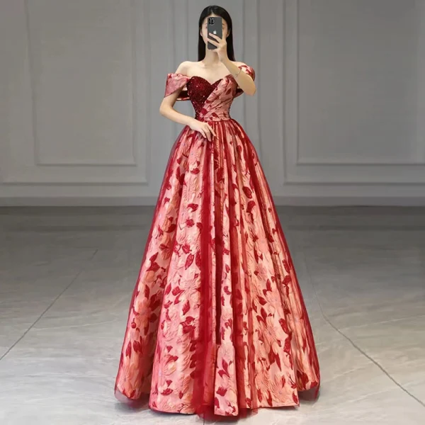 Elegant Burgundy Printing Sequins Prom Dresses 2023 Ball Gown Off-The-Shoulder Short Sleeve Backless Floor-Length / Long Formal Dresses