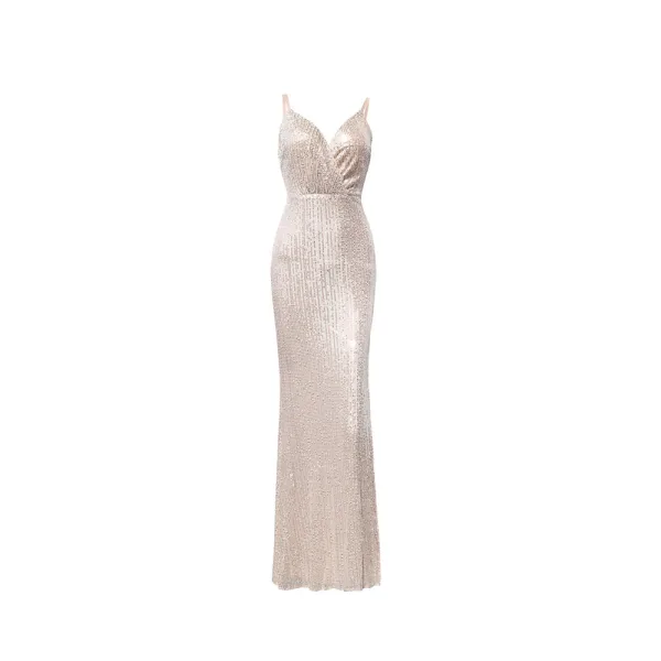Sexy Beige Paillettes Robe De Soirée 2022 Bretelles Spaghetti Sans Manches Dos Nu Longue Fendue devant Soirée Robe De Ceremonie