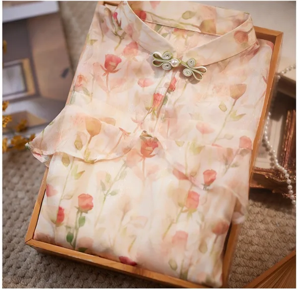 Style Chinois Chic / Belle Beige Impression Cheongsam 2024 Trompette / Sirène Col Haut Manches Courtes Longue