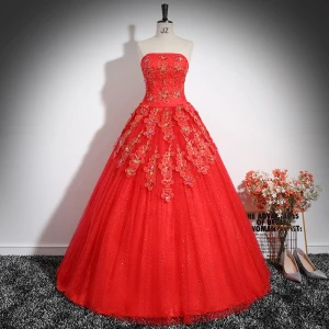 Chic Beautiful Red Flower Sequins Prom Dresses 2024 Ball Gown Strapless Sleeveless Backless Floor Length Long Prom Formal Dresses