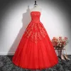 Chic / Beautiful Red Flower Sequins Prom Dresses 2024 Ball Gown Strapless Sleeveless Backless Floor-Length / Long Prom Formal Dresses