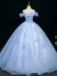 Elegant Sky Blue Beading Appliques Prom Dresses 2025 Ball Gown Off-The-Shoulder Short Sleeve Backless Floor-Length / Long Formal Dresses