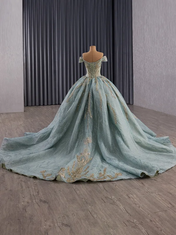 Luxury / Gorgeous Mint Green Handmade  Beading Sequins Prom Dresses 2025 Ball Gown Off-The-Shoulder Short Sleeve Backless Chapel Train Formal Dresses