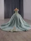 Luxury / Gorgeous Mint Green Handmade  Beading Sequins Prom Dresses 2025 Ball Gown Off-The-Shoulder Short Sleeve Backless Chapel Train Formal Dresses