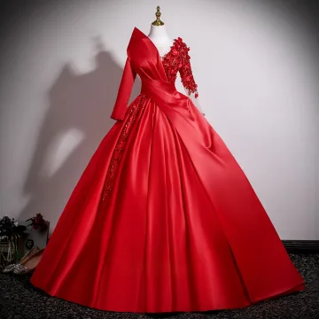 Elegante Rode Appliques Kralen Pailletten Galajurken 2025 Baljurk Ronde Hals Lange Mouwen Ruglooze Lange Gelegenheid Jurken