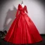 Elegant Red Appliques Beading Sequins Prom Dresses 2025 Ball Gown Scoop Neck Long Sleeve Backless Floor-Length / Long Formal Dresses