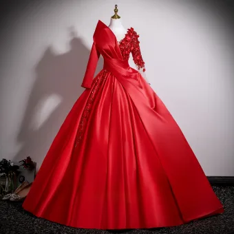 Elegant Red Appliques Beading Sequins Prom Dresses 2025 Ball Gown Scoop Neck Long Sleeve Backless Floor Length Long Formal Dresses