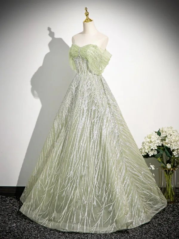 Fashion Sage Green Sequins Prom Dresses 2024 Ball Gown Off-The-Shoulder Sleeveless Backless Floor-Length / Long Prom Formal Dresses