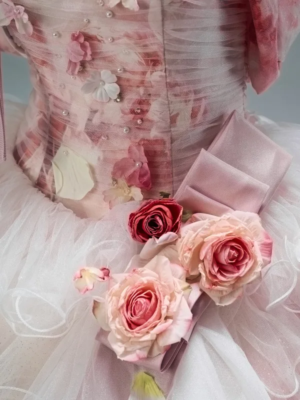 Luxury / Gorgeous Flower Fairy Blushing Pink Handmade  Pearl Rhinestone Appliques Cascading Ruffles Prom Dresses 2025 Ball Gown Strapless Sleeveless Backless Chapel Train