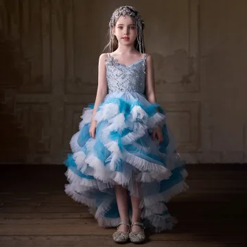 Sjarmerende Himmelen Blå Beading Paljetter Bursdag Gripende Ruffles Blomsterpikekjoler Ballkjole 2025 Spaghettistropper Uten Ermer Ryggløse Asymmetrisk