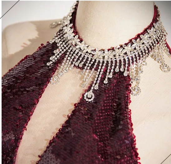 Scintillantes Sexy Bordeaux Faux Diamant Paillettes Robe De Bal Robe De Soirée 2024 Trompette / Sirène Titulaire Sans Manches Dos Nu Longue Promo Robe De Ceremonie