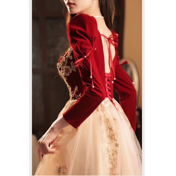 Chic / Beautiful Burgundy Beading Rhinestone Lace Flower Fall Winter Evening Dresses 2023 A-Line / Princess Square Neckline Long Sleeve Backless Bow Floor-Length / Long Evening Party