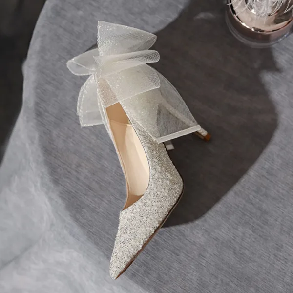 Charmant Ivory / Creme Schleife Pailletten Brautschuhe 2022 10 cm Stilettos Spitzschuh Hochzeit Pumps Hochhackige