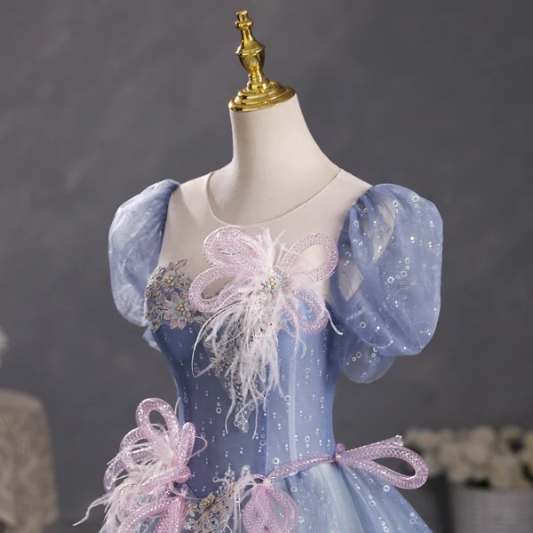 Chic / Beautiful Ocean Blue Sequins Pearl Lace Flower Prom Dresses 2023 Ball Gown Scoop Neck Puffy Short Sleeve Tassel Backless Floor-Length / Long Prom Formal Dresses