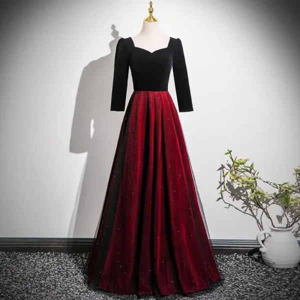 Vintage / Retro Burgundy Glitter Prom Dresses 2025 A-Line / Princess Square Neckline Long Sleeve Backless Floor-Length / Long Prom Formal Dresses
