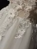 Snygga / Fina Vita Pärla Rhinestone Spets Blomma Bröllopsklänningar 2024 Prinsessa Av Axeln Korta ärm Halterneck Svep Tåg Bröllop
