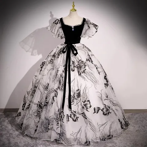 Elegantes Negro Impresión Vestidos de gala 2023 Ball Gown Escote Cuadrado Hinchado Manga Corta Sin Espalda Bowknot Cinturón Largos Gala Vestidos Formales