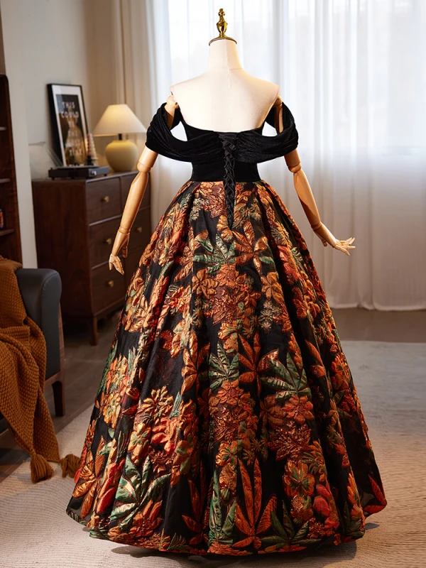Vintage / Retro Black Printing Prom Dresses 2024 Ball Gown Off-The-Shoulder Sleeveless Backless Floor-Length / Long Prom Formal Dresses
