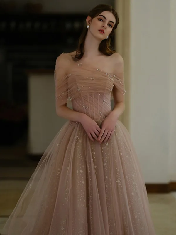 Chic / Beautiful Champagne Sequins Prom Dresses 2025 A-Line / Princess One-Shoulder Short Sleeve Backless Sweep Train Formal Dresses